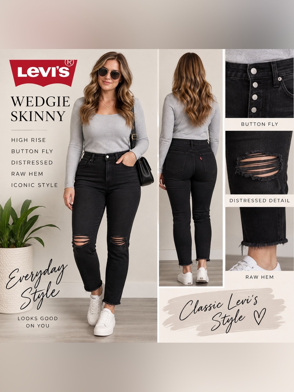 Levi’s Wedgie Skinny Jeans 22W Black Distressed Raw Hem Button Fly